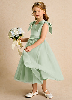 Azazie Serene Abiti da Ragazza di Fiori Abito Principessa in Raso Opaco Fiocco Verde Salvia image2
