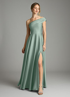 Azazie Melanie Robes de demoiselle d'honneur Robe Trapèze en Satin extensible Épaules dénudées Agave image3