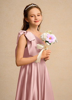 Azazie Guppy Girls Formal Jurken voor bloemenmeisjes A-Lijn Jurk van Mat Satijn One-Shoulder Rosé Goud image6