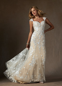 Azazie Salina Vestidos de novia Vestido de Blanco Diamante Champán de Tul de Corte Sirena con Corazón Lentejuelas image3