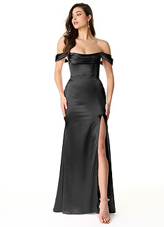 Azazie Liv Vestidos de damas de honor Vestido de Negro de Satén Metálico de Corte Recto Convertible con Vestidos sin tirantes image1