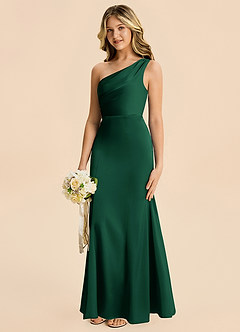 Azazie Ren Junior Dark Green A-Line Pleated Stretch Satin Dress image2