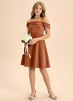 Azazie Anselie Junior Abito A-Line in Raso Elasticizzato Plissettato Rame image1