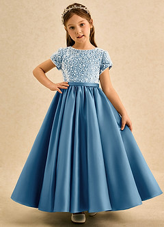 Azazie Cashew Flower Girl Dresses Steel Blue Ball-Gown with Sleeves Matte Satin Dress image2