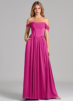 Azazie Raisa Bridesmaid Dresses Fuchsia A-Line Off the Shoulder Stretch Satin Dress image1