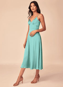 Azazie Dottie Bridesmaid Dresses Aqua A-Line Stretch Satin Dress image4