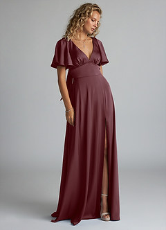Azazie Kimber Bridesmaid Dresses Sangria A-Line Ruched Stretch Satin Dress image4