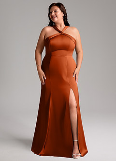 Azazie Rue Bridesmaid Dresses Burnt Orange A-Line Pleated Stretch Satin Dress image10