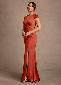 Azazie Rilda 신부의 어머니 드레스 쉬스 레이스 스트레치 새틴 플로어 길이 드레스 image2