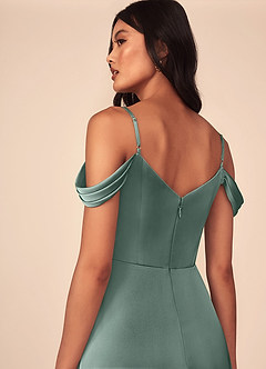 Azazie Ocean Brautjungfernkleider A-Linie V-Hals Gefaltet Stretch-Satin Kleid Seemoos image5