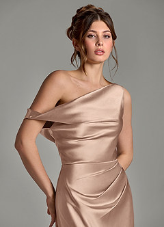 Azazie Emerson Bridesmaid Dresses Taupe Mermaid Off the Shoulder Metallic Satin Dress image7