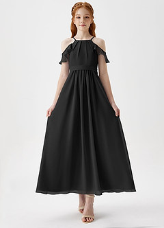 Azazie Chaya Junior Black A-Line Off the Shoulder Chiffon Dress image4