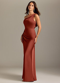 Azazie Madelyn Jurken voor bruidsmeisjes Converteerbaar Jurk van Stretch Satijn met Zeemeermin Off the Shoulder Terracotta image3