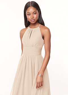 Azazie Bonnie Brautjungfernkleider A-Linie Schlüsselloch Gerüscht Chiffon Kleid Alabaster Weiß image8
