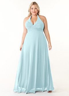 Azazie Tessie Vestidos de damas de honor Vestido de Vidrio Marino de Gasa de Corte en A con Cuello en V plisado image6