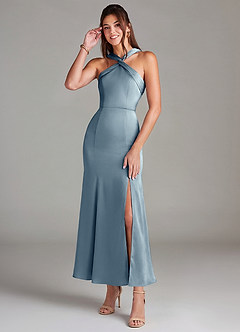 Azazie Rue 신부 들러리 드레스 인어 주름진 스트레치 새틴 발목 길이 드레스 image1