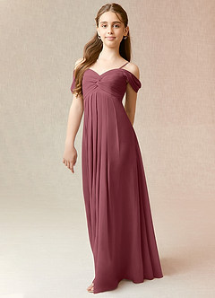 Azazie Kaitlynn Junior Desert Rose A-Line Off the Shoulder Chiffon Dress image4