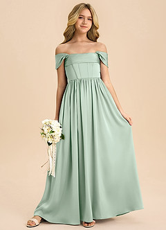 Azazie Hattie Junior Jurk van Stretch Satijn met A-Lijn Geplooid Agave image3