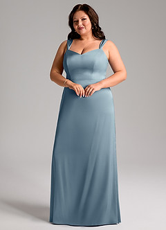 Azazie Denice Robes de demoiselle d'honneur Robe Fourreau en Satin extensible Plissée Bleu Poussiéreux image6