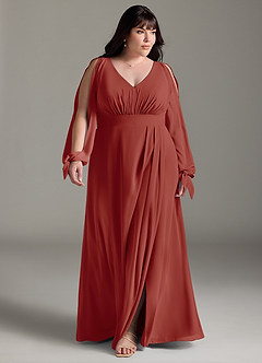 Azazie Matilda Bridesmaid Dresses Terracotta A-Line Long Sleeve Chiffon Dress image14