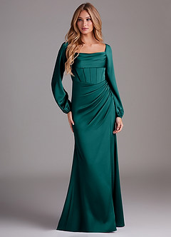 Azazie Charissa Bridesmaid Dresses Peacock Sheath Long Sleeve Stretch Satin Dress image3