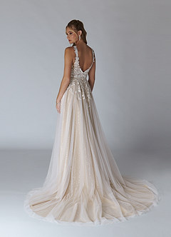 Azazie Maribelle Vestidos de noiva Vestido Diamante Branco Nu de Tule de Linha A com Lantejoulas image5
