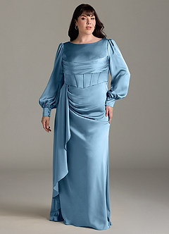 Azazie Raye Bridesmaid Dresses Steel Blue Mermaid Long Sleeve Stretch Satin Dress image7