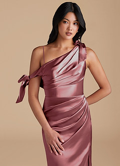 Azazie Xyla Bridesmaid Dresses Vintage Mauve Sheath Off the Shoulder Metallic Satin Convertible Dress image2