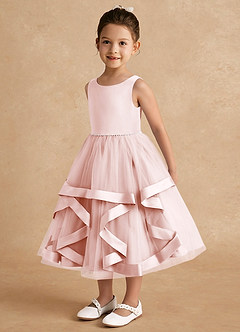 Azazie Posy Robe Demoiselle D'honneur Fillette Robe Trapèze en Tulle Perlé Rose Pâle image3