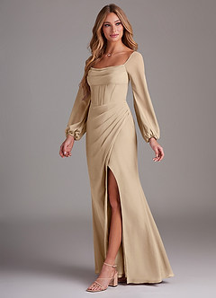 Azazie Charissa Bridesmaid Dresses Champagne Sheath Long Sleeve Chiffon Dress image4