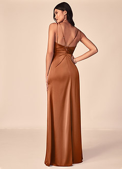 Azazie Aqua Bridesmaid Dresses Copper A-Line V-Neck Pleated Stretch Satin Dress image2