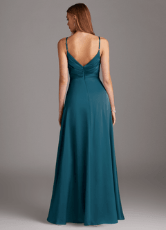 Azazie Calissa Final Sale Ink Blue A-Line V-Neck Pleated Stretch Satin Dress image2