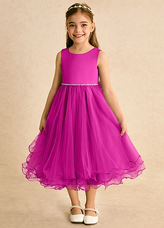 Azazie Lass vestidos de niña de las flores Vestido de Fucsia de Tul de Corte En A con Lazo image2