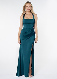 Azazie Mero Bridesmaid Dresses Ink Blue Sheath Pleated Stretch Satin Dress image1