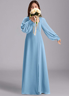 Azazie Bondi Junior Vestido de Azul Acero de Gasa de Corte en A con Blusón image1