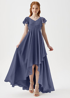 Azazie Caria Junior Abito A-Line in Chiffon Plissettato Stormy image6