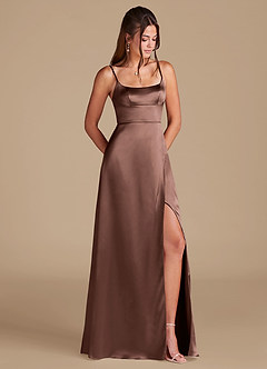 Azazie Halsey Bridesmaid Dresses Espresso A-Line Side Slit Metallic Satin Dress image1