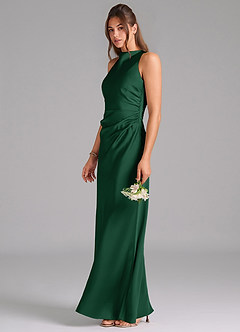 Azazie Evadne Robes de demoiselle d'honneur Robe Fourreau en Satin extensible Plissé Vert Foncé image1