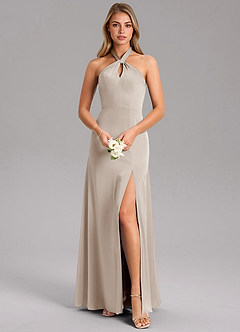 Azazie Tracie Robes de demoiselle d'honneur Robe Trapèze en Satin extensible Fente Latérale Givre image1