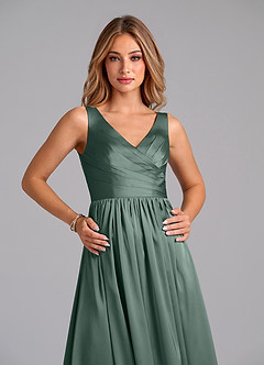 Azazie Keyla 신부 들러리 드레스 A라인 주름진 스트레치 새틴 바닥 길이 드레스 image3