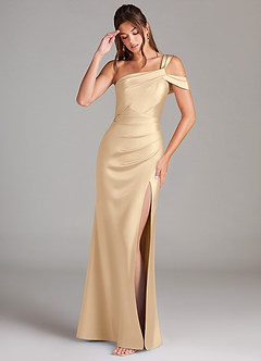 Azazie Wynter Bridesmaid Dresses Champagne Sheath Off the Shoulder Stretch Satin Dress image3