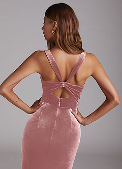 Azazie Mero Vestidos de damas de honor Vestido de Rosa Polvorienta de terciopelo de Corte Recto con Plisado image2