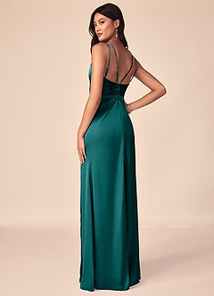 Azazie Aqua Bridesmaid Dresses Peacock A-Line V-Neck Pleated Stretch Satin Dress image3