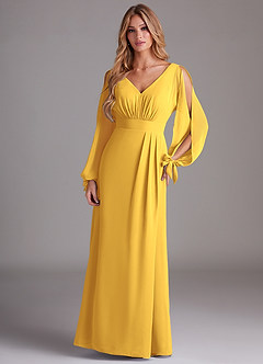Azazie Matilda Bridesmaid Dresses Marigold A-Line Long Sleeve Chiffon Dress image3
