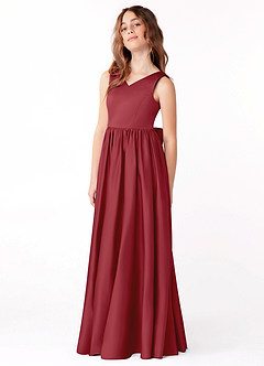 Azazie Hathaway Junior Pomegranate A-Line Bow Matte Satin Dress image4