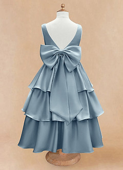 Azazie Margie Flower Girl Dresses Dusty Blue A-Line Bow Stretch Satin Dress image5