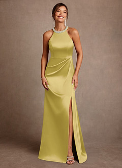 Azazie Lawrence 신부의 어머니 드레스 A라인 주름진 스트레치 새틴 플로어 길이 드레스 image1