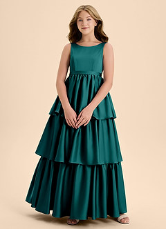 Azazie Meadowyn Junior Abito A-Line in Raso Elasticizzato Fiocco Verde Pavone image1