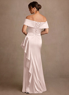 Azazie Kirsty Mother of the Bride Dresses Blushing Pink Sheath Off the Shoulder Stretch Satin Dress image2