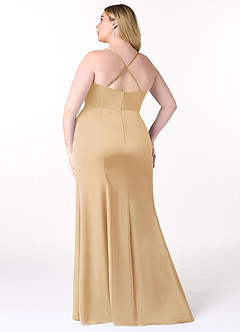Azazie Marzia Bridesmaid Dresses Gold Mermaid Cowl Pleated Stretch Satin Dress image14